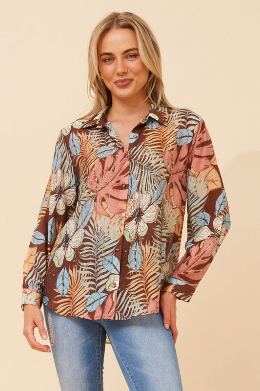 Image of Shirts. Product name - EUNICE TROPICAL PRINT SHIRT in Chocolate colour by brand - Caroline Morgan Australia
