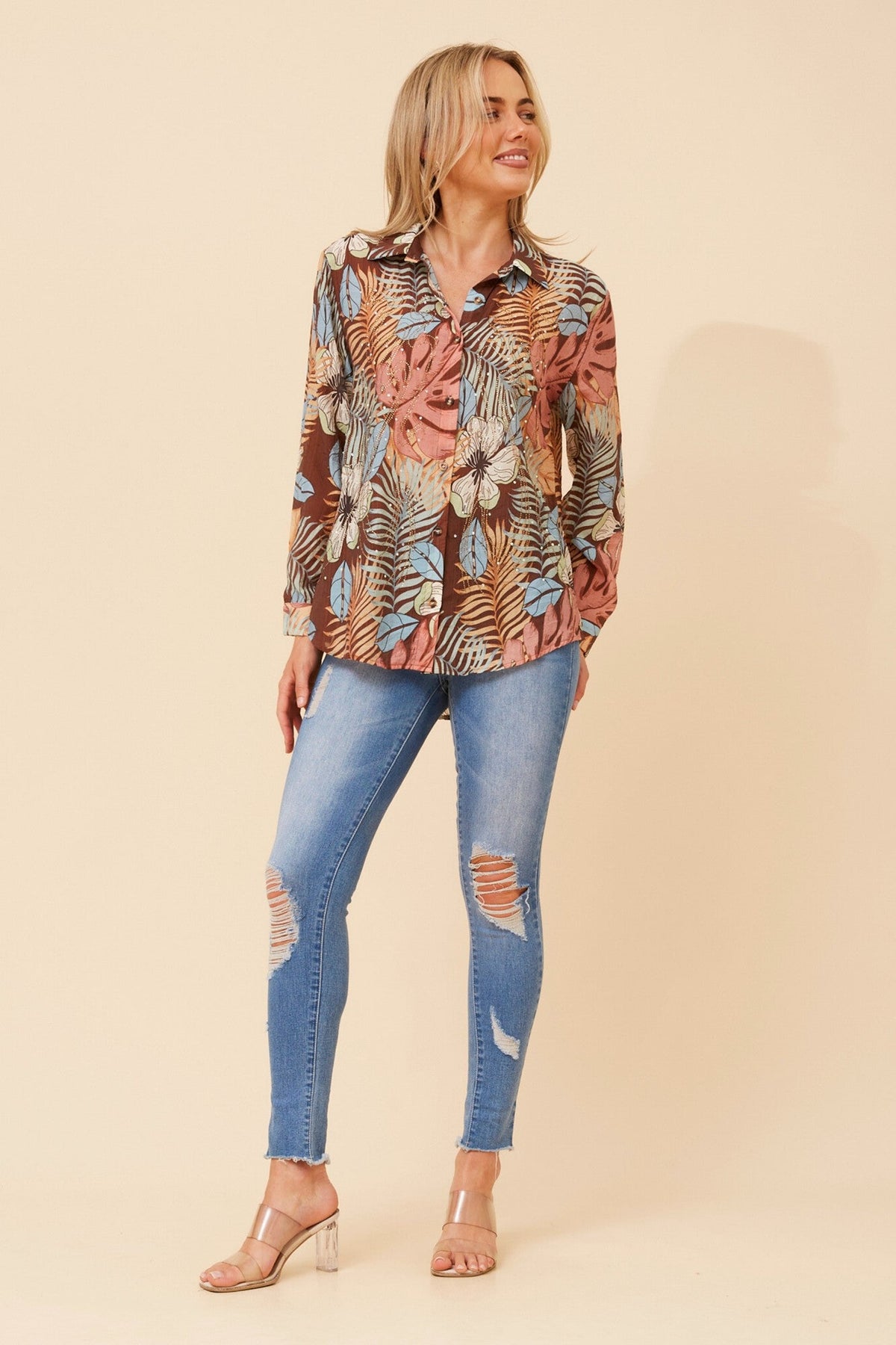 EUNICE TROPICAL PRINT SHIRT (Chocolate)