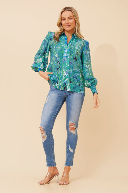 Image of Shirts. Product name - ELKE PAISLEY PRINT SHIRT in Jade colour by brand - Caroline Morgan Australia
