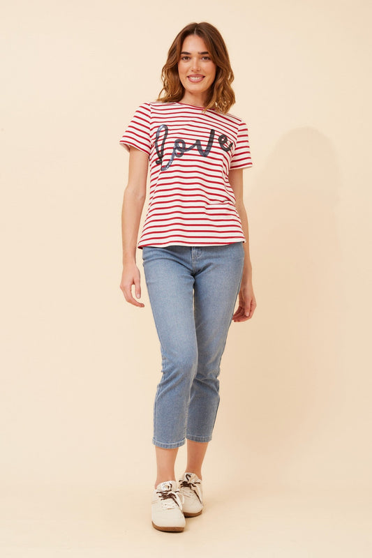 Image of T-Shirts. Product name - BENNETT STRIPE PRINT T-SHIRT in White/Red colour by brand - Caroline Morgan Australia