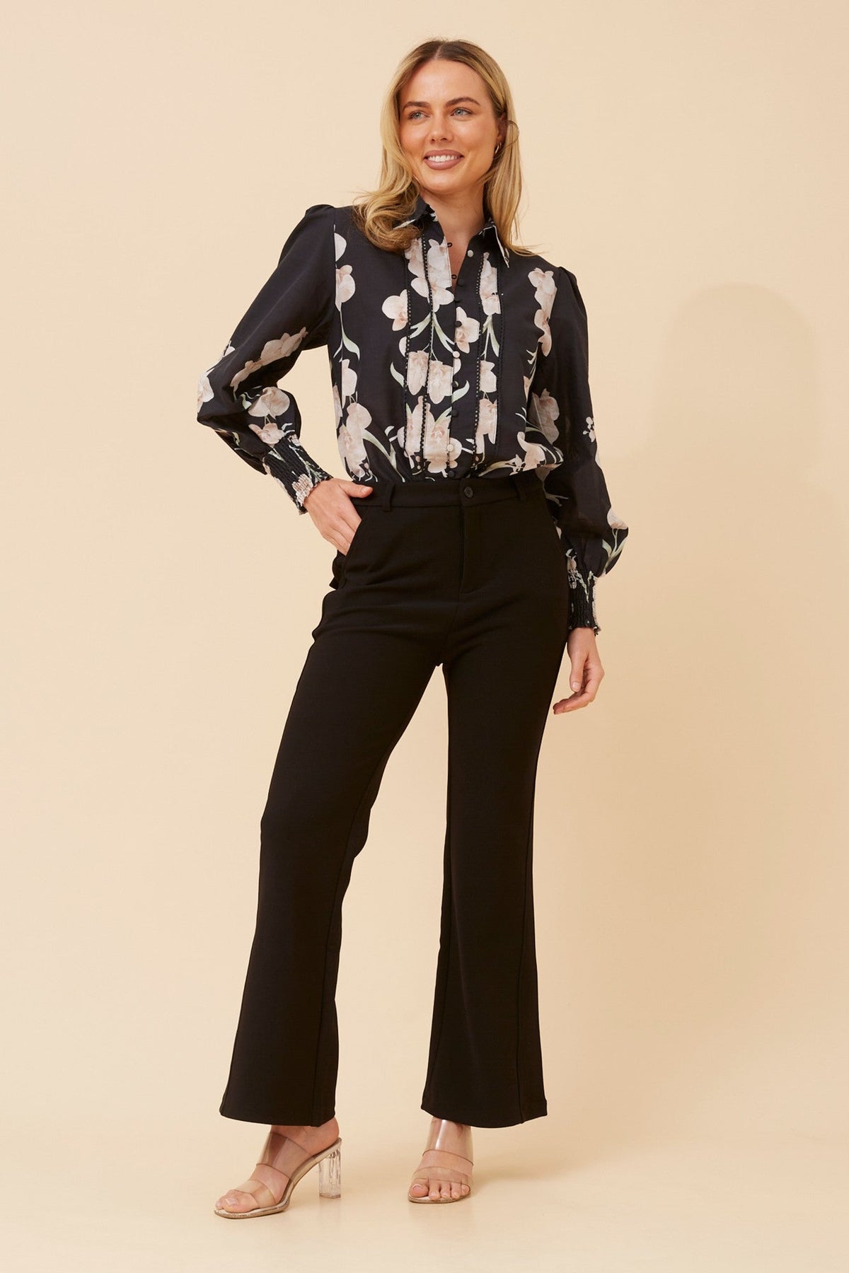 Image of Shirts. Product name - ELKE FLORAL SHIRT in Multi Black colour by brand - Caroline Morgan Australia