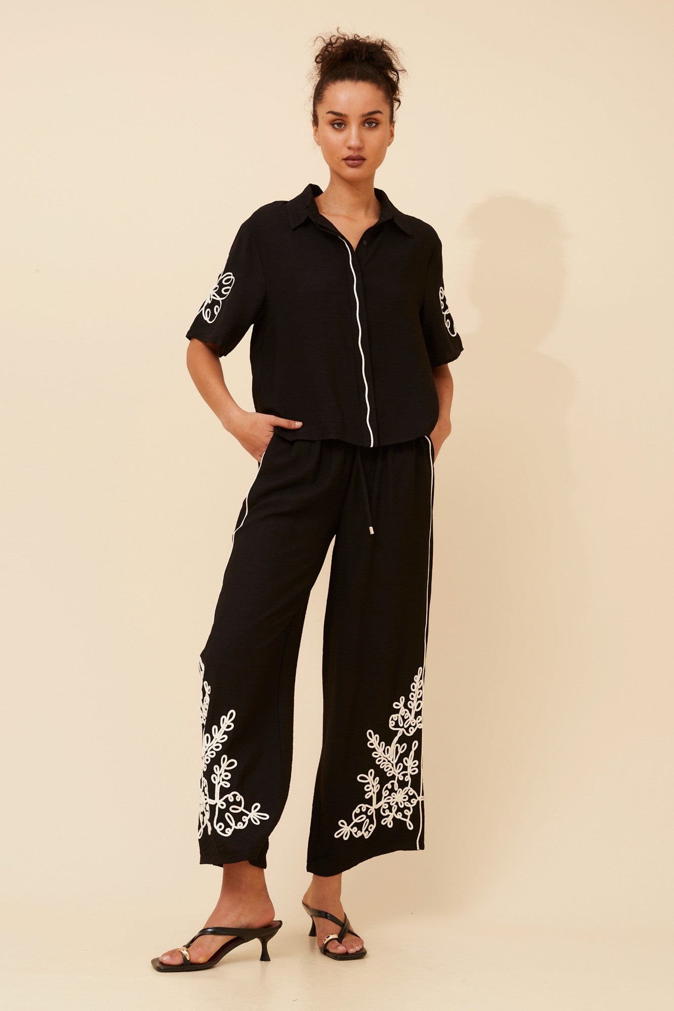Image of Shirts. Product name - ORENA EMBROIDERED SHIRT in Black colour by brand - Caroline Morgan Australia