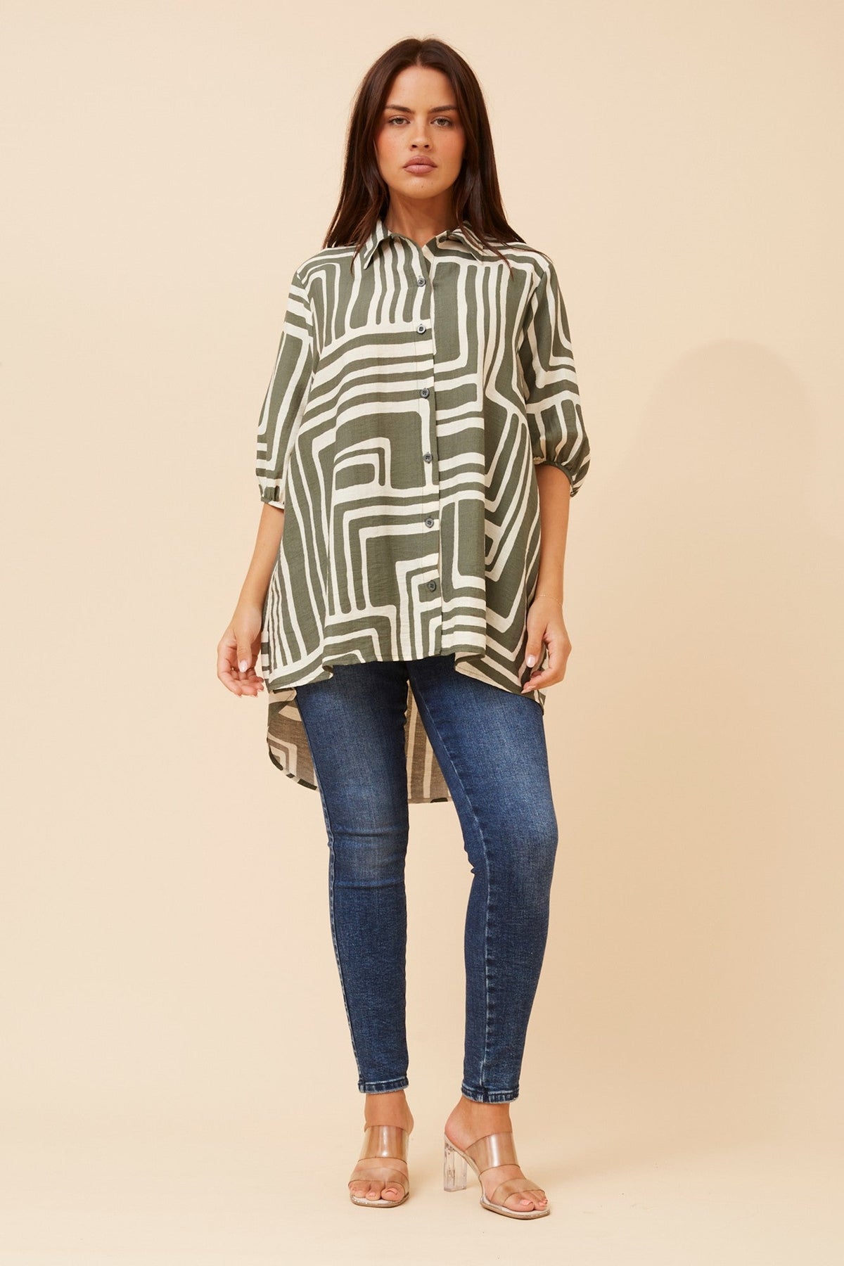 Image of Shirts. Product name - GEMELLE ABSTRACT PRINT SHIRT in Black colour by brand - Caroline Morgan Australia