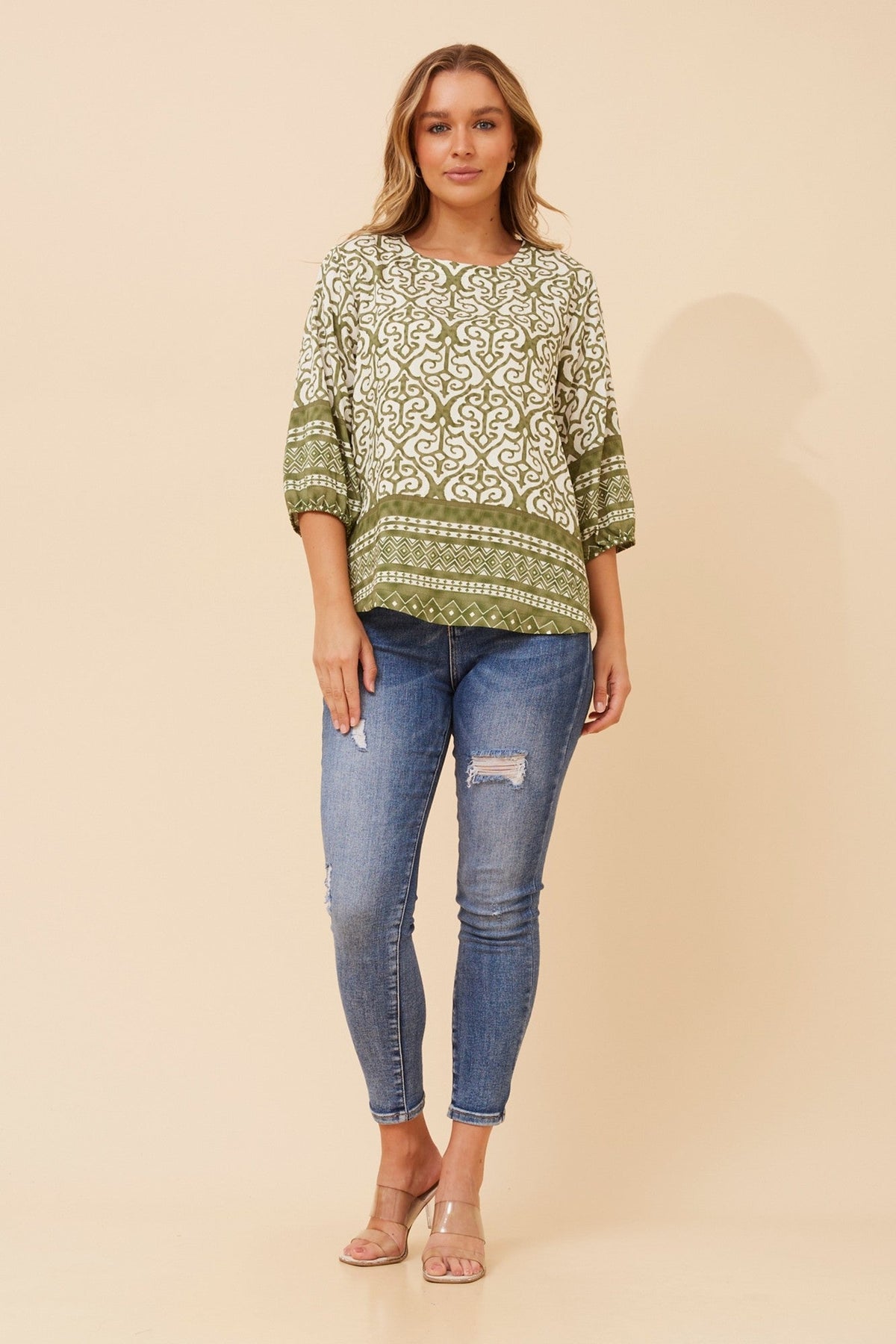 Caroline Morgan Australia SHAE BORDER PRINT TOP (Sage)
