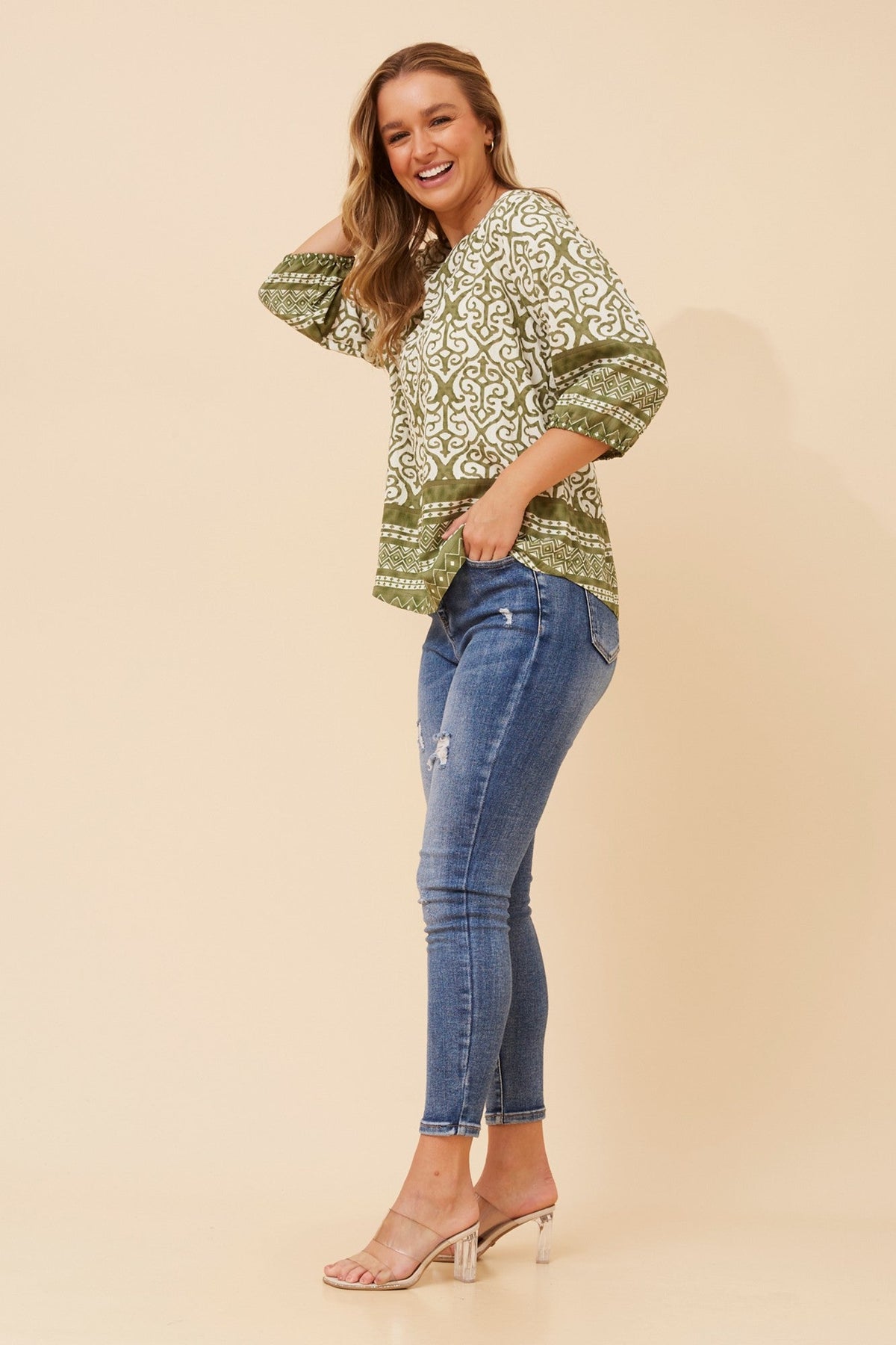 Caroline Morgan Australia SHAE BORDER PRINT TOP (Sage)