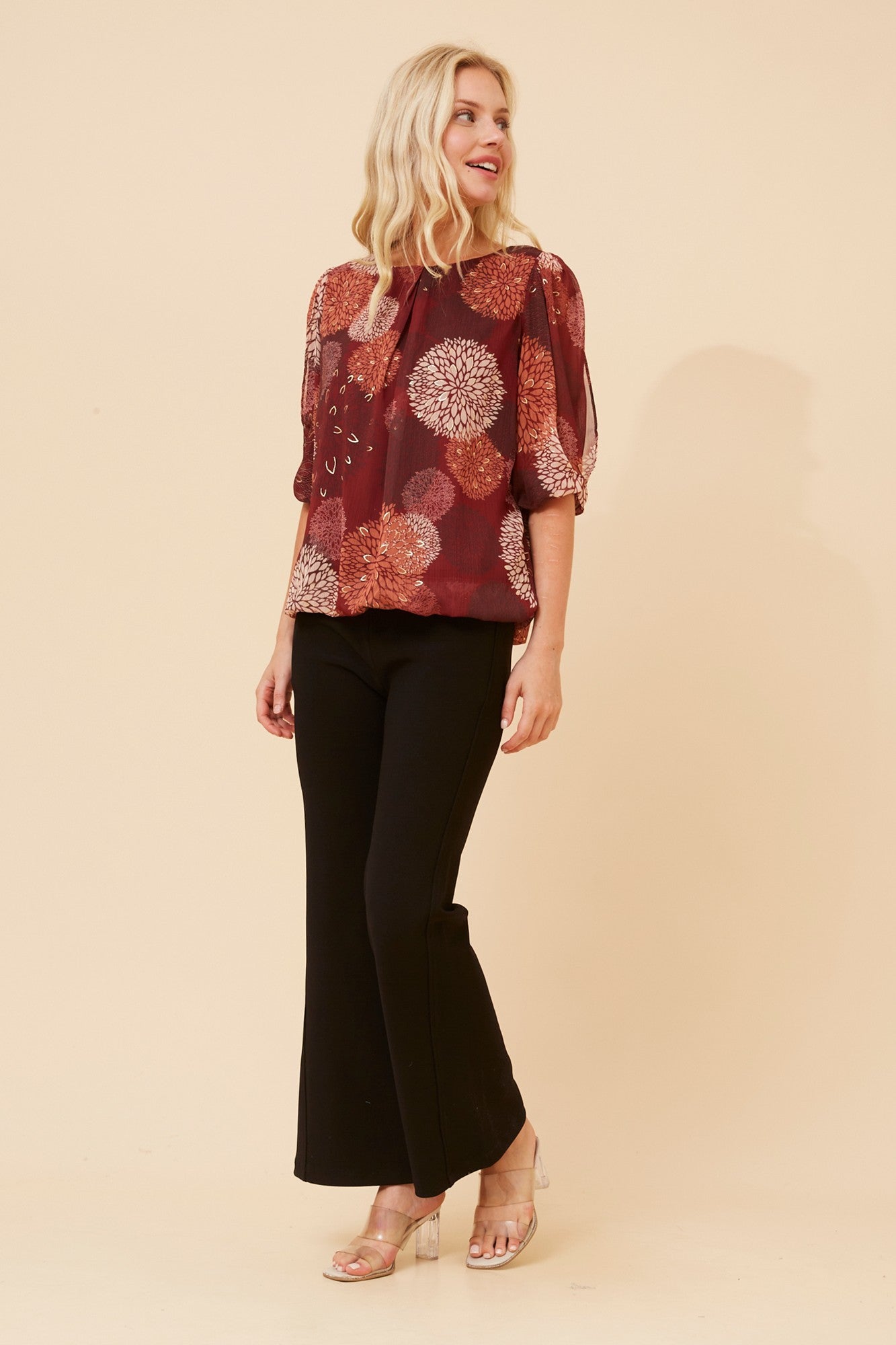 JAMARI FOIL PRINT BLOUSE (Burgundy)