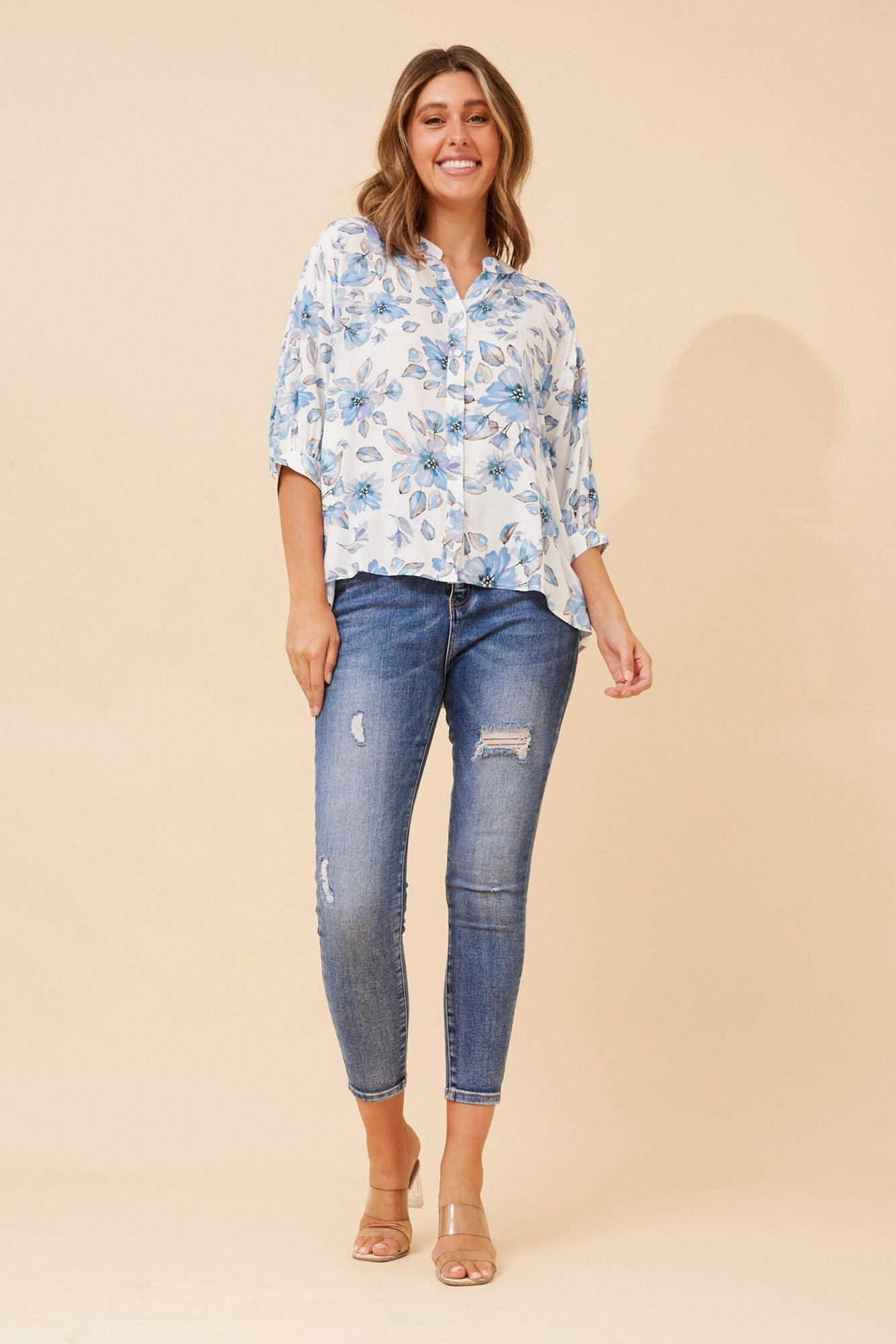 Image of Shirts. Product name - BELINA FLORAL SHIRT in Multi Blue colour by brand - Caroline Morgan Australia