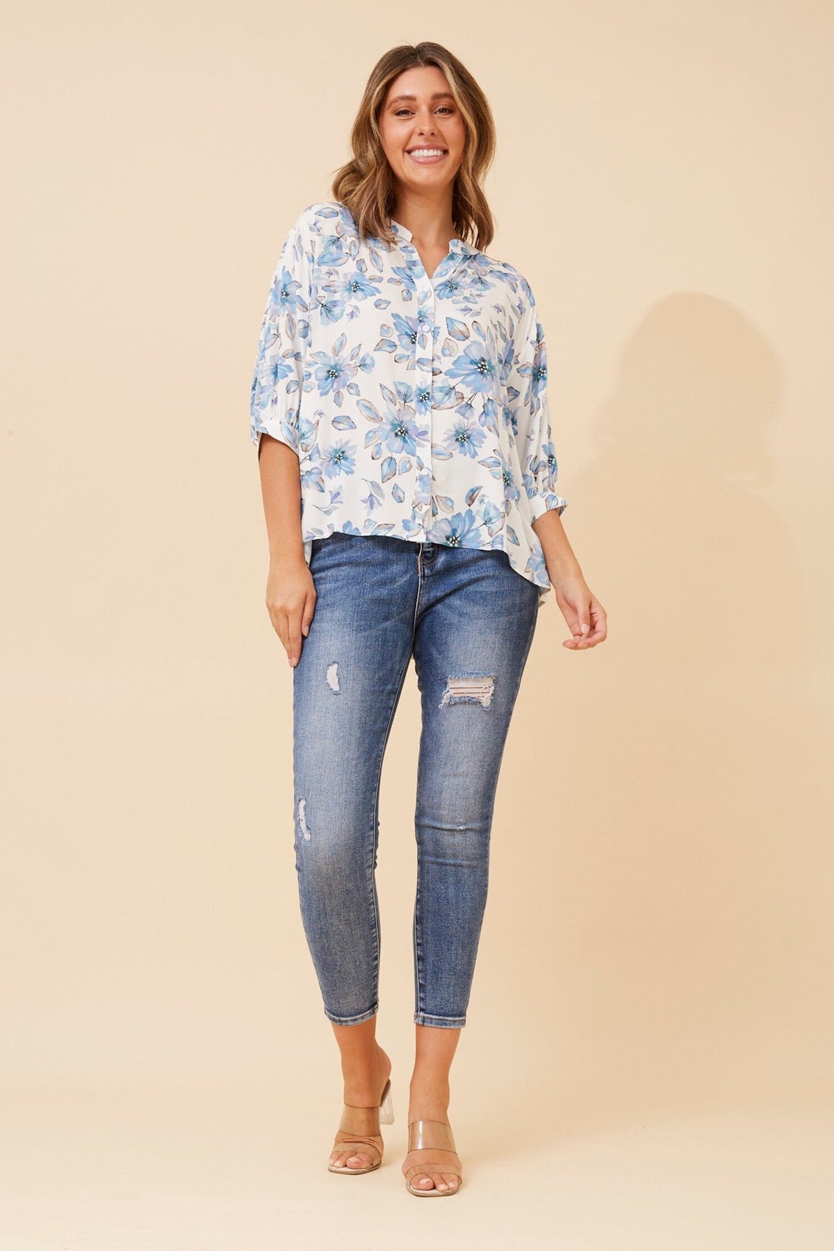 Image of Shirts. Product name - BELINA FLORAL SHIRT in Multi Blue colour by brand - Caroline Morgan Australia