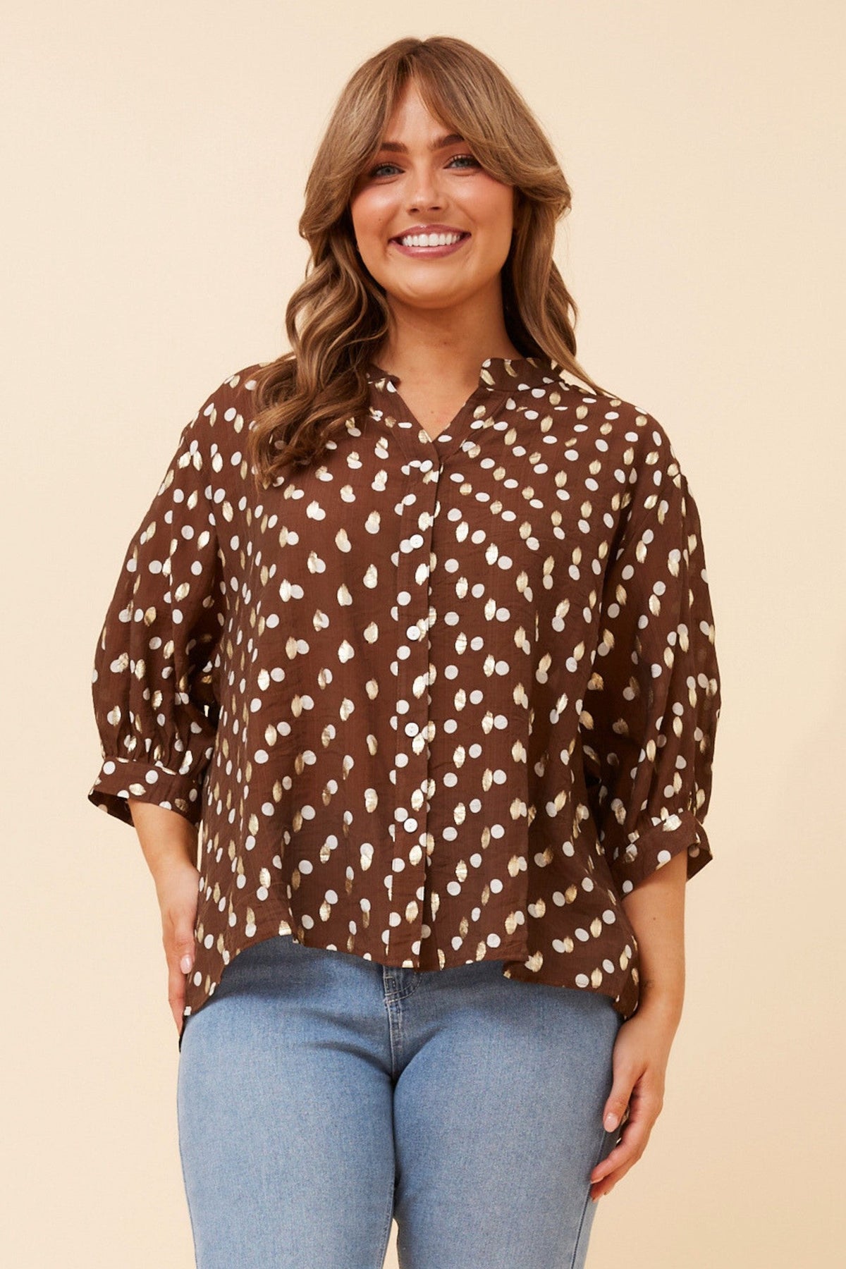 Image of Shirts. Product name - BELINA POLKA DOT PRINT SHIRT in Chocolate colour by brand - Caroline Morgan Australia