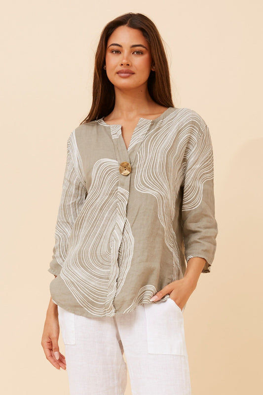 Image of a model wearing Tops. Product name - PALERMO ABSTRACT PRINT LINEN TOP in Fango colour by brand - BOTTEGA MODA