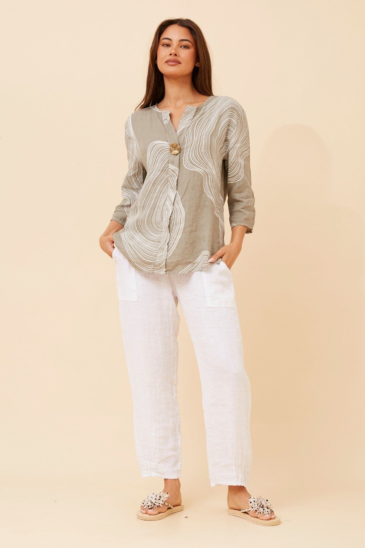PALERMO ABSTRACT PRINT LINEN TOP (Fango)