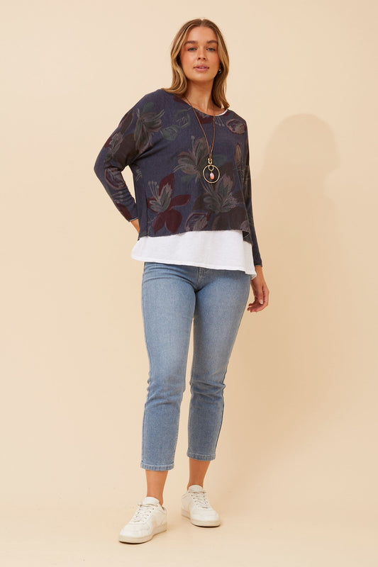 Image of a model wearing Tops. Product name - MELIKA DOUBLE LAYER TOP in Navy colour by brand - BOTTEGA MODA