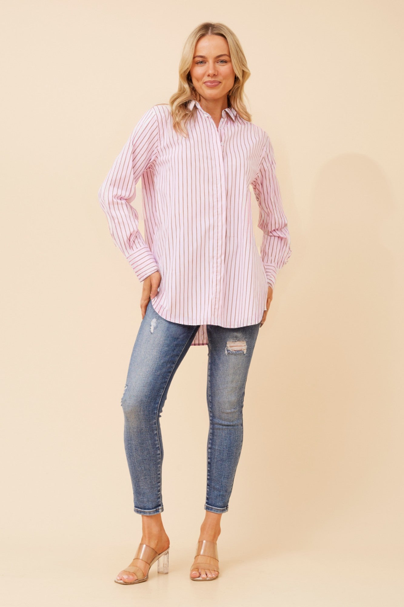 Image of Shirts. Product name - NURI STRIPE PRINT SHIRT in Pink colour by brand - Caroline Morgan Australia