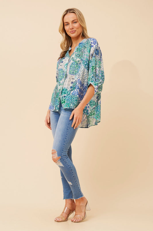 BELINA ABSTRACT PRINT SHIRT (Multi Green)
