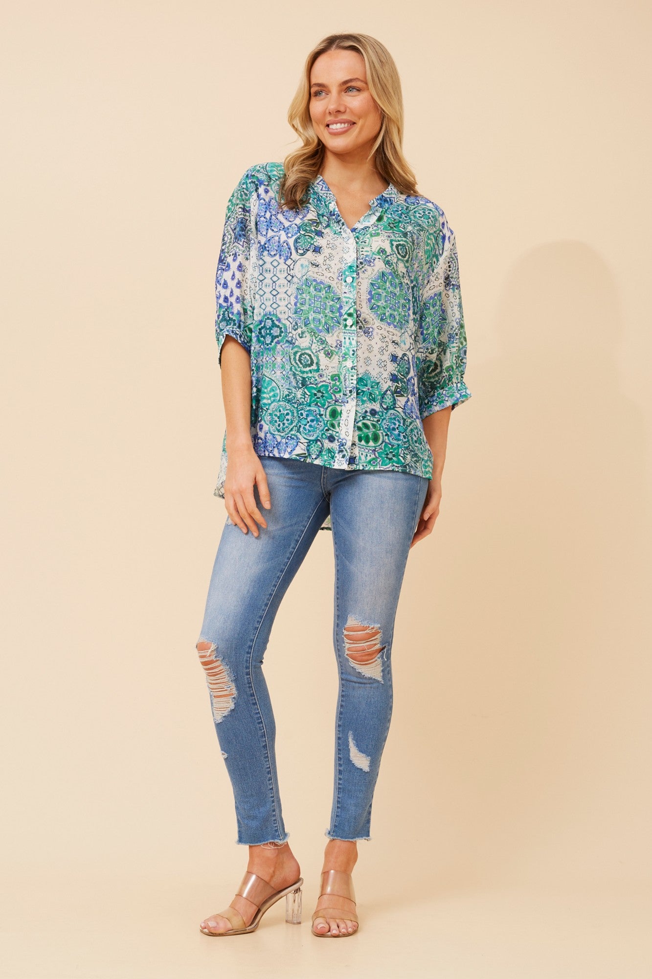 BELINA ABSTRACT PRINT SHIRT (Multi Green)