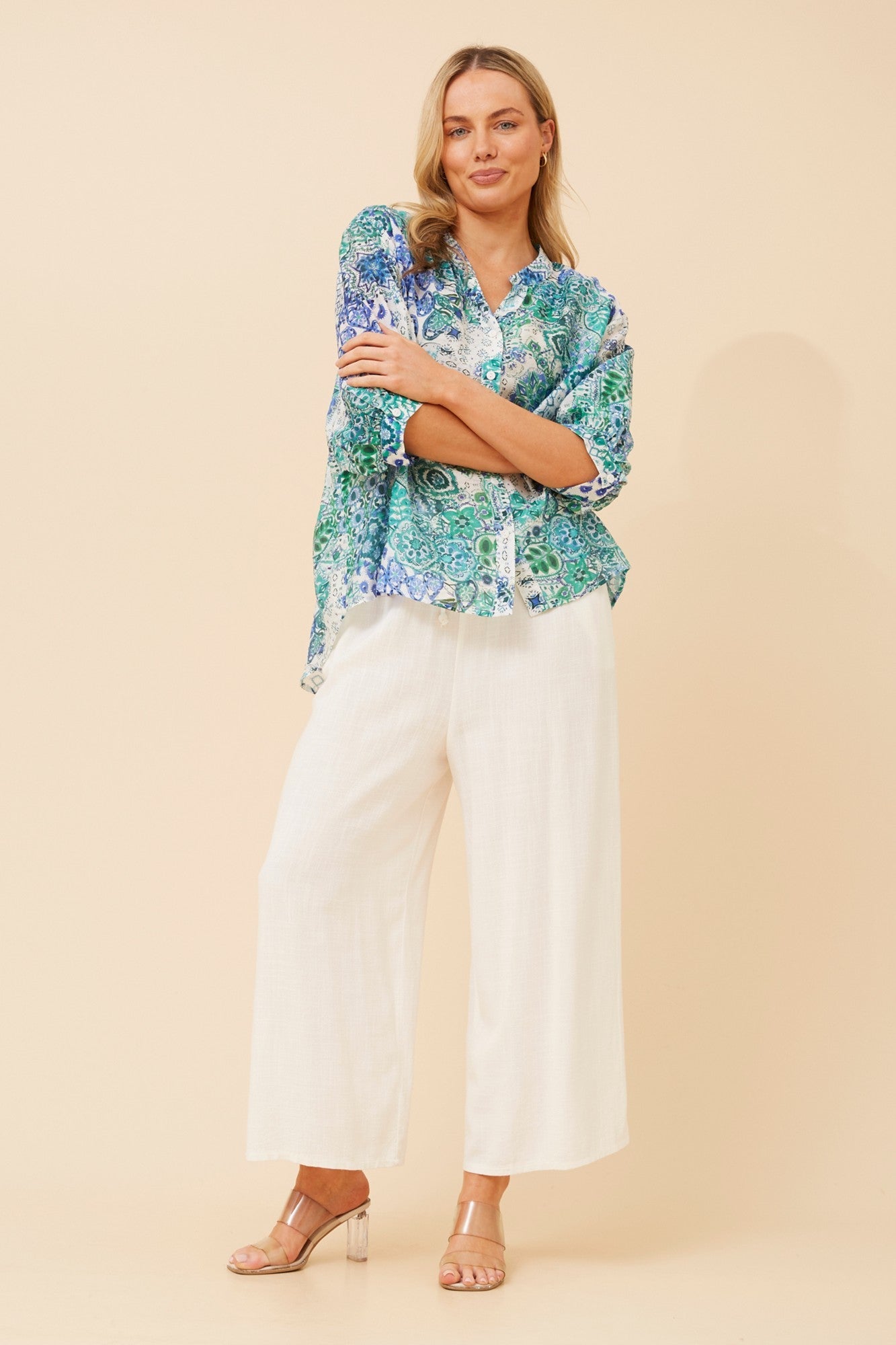 BELINA ABSTRACT PRINT SHIRT (Multi Green)