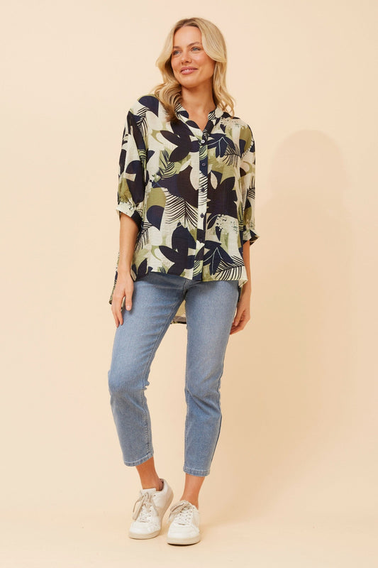 Image of Shirts. Product name - BELINA LEAF PRINT SHIRT in Multi Navy colour by brand - Caroline Morgan Australia