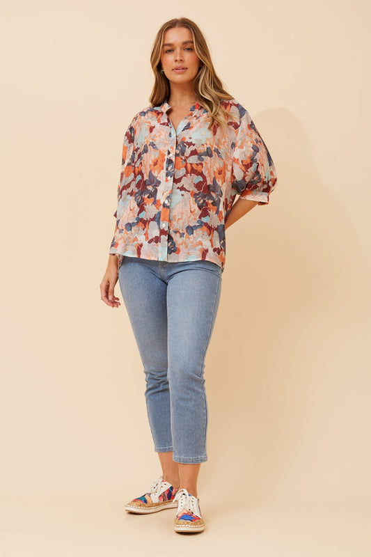 Image of Shirts. Product name - BELINA ABSTRACT PRINT SHIRT in Multi Orange colour by brand - Caroline Morgan Australia