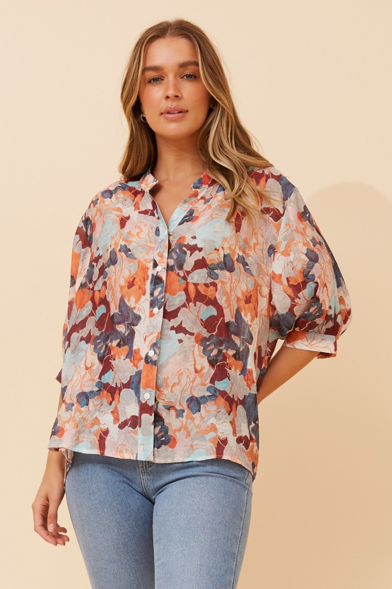 BELINA ABSTRACT PRINT SHIRT (Multi Orange)