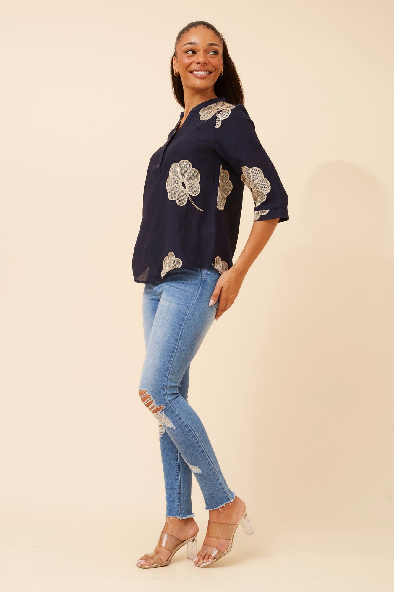 Image of Blouses. Product name - NORNAH LINEN BLEND EMBROIDERED BLOUSE in Navy colour by brand - Caroline Morgan Australia