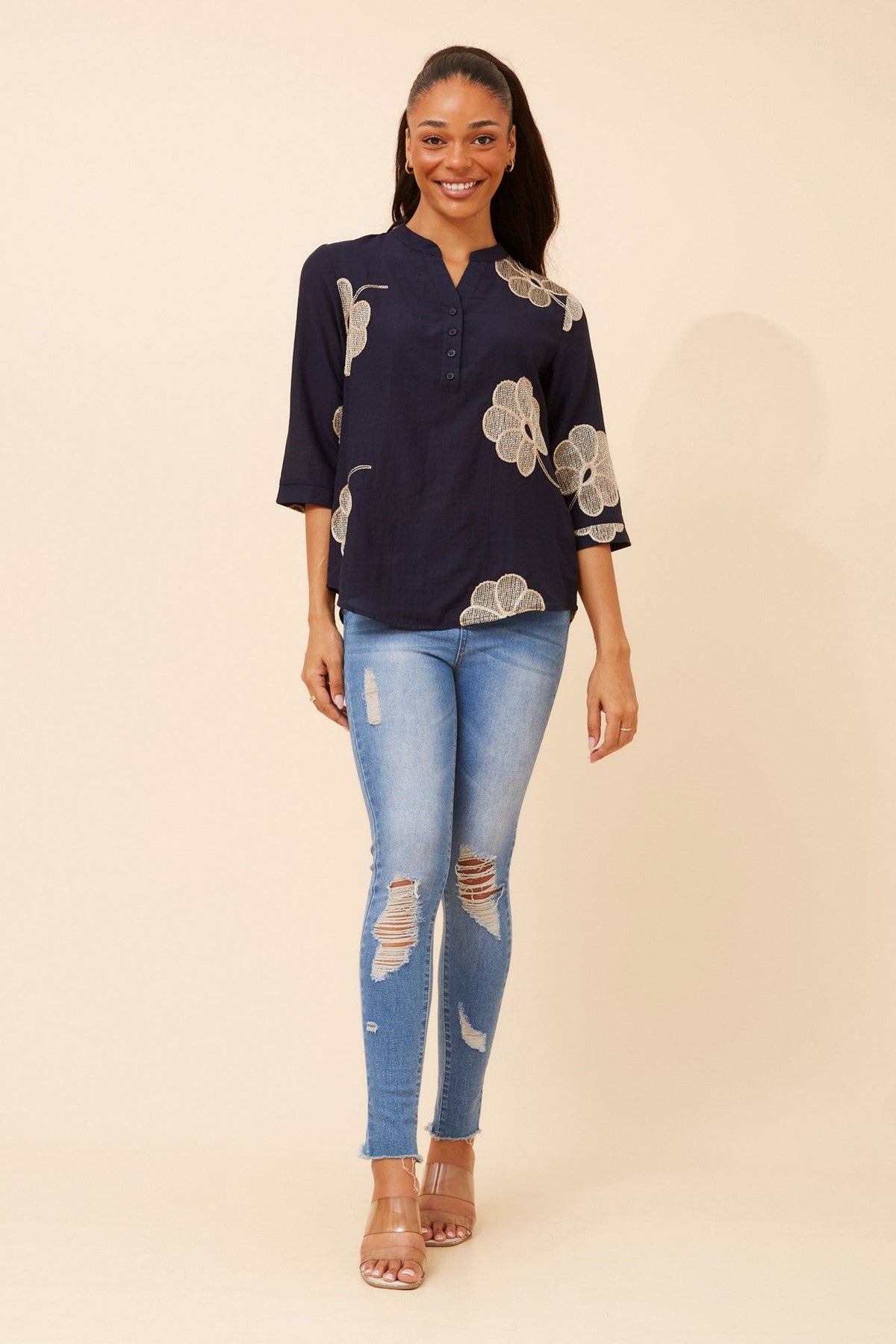 NORNAH LINEN BLEND EMBROIDERED BLOUSE (Navy)