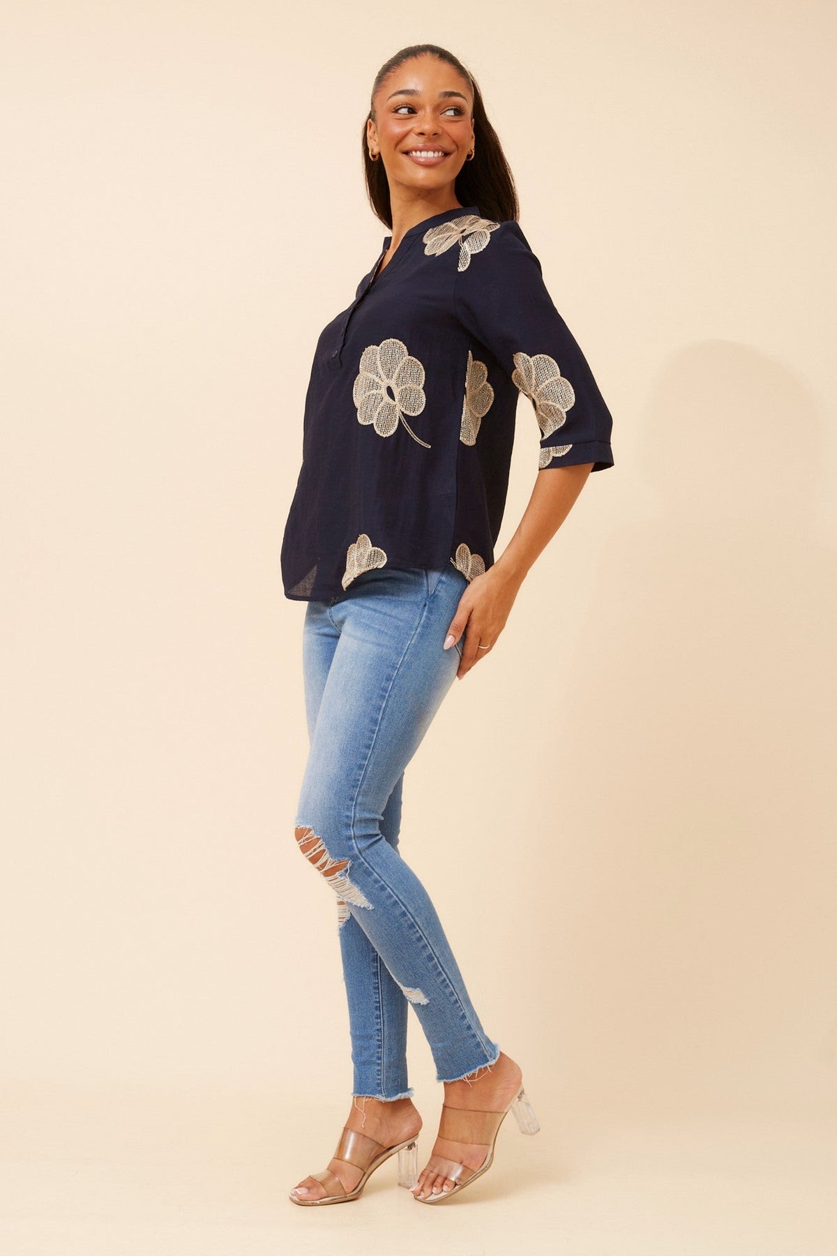NORNAH LINEN BLEND EMBROIDERED BLOUSE (Navy)