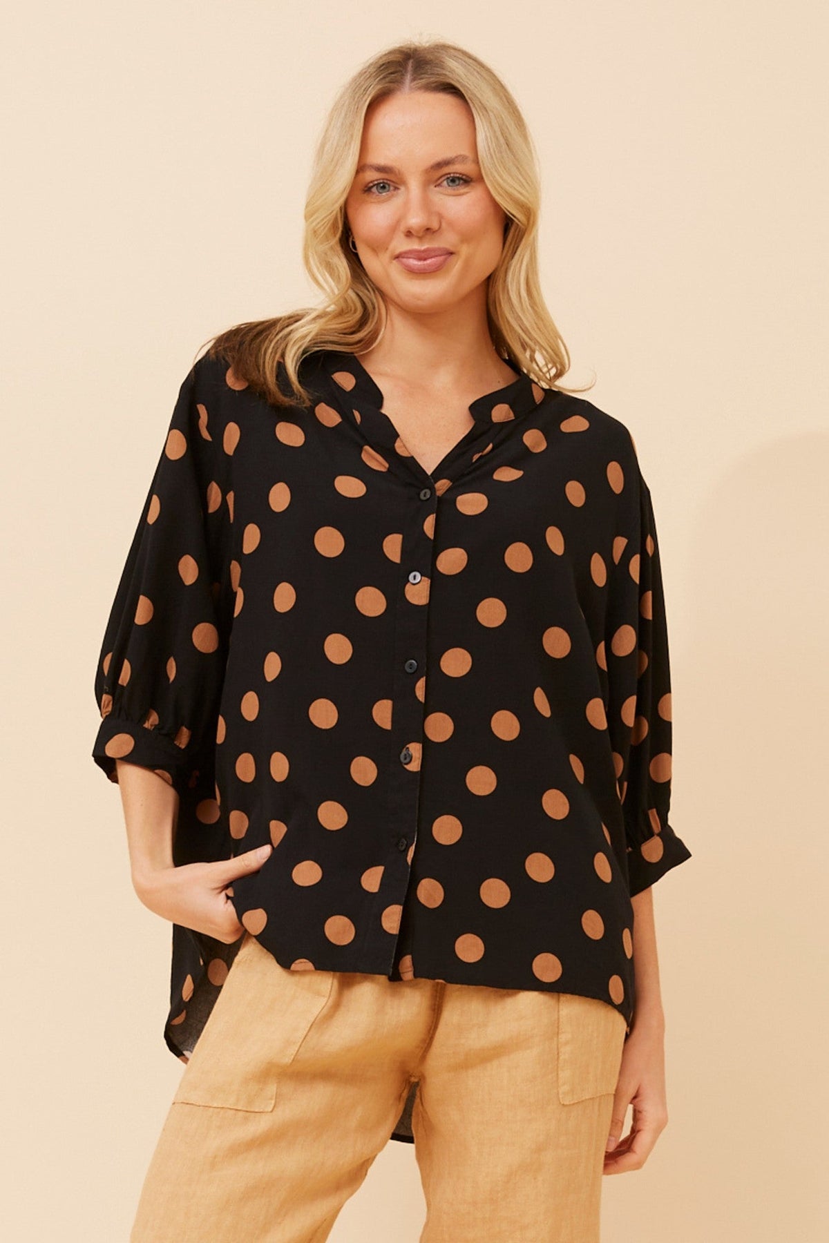Image of Shirts. Product name - BELINA POLKA DOT PRINT SHIRT in Black colour by brand - Caroline Morgan Australia
