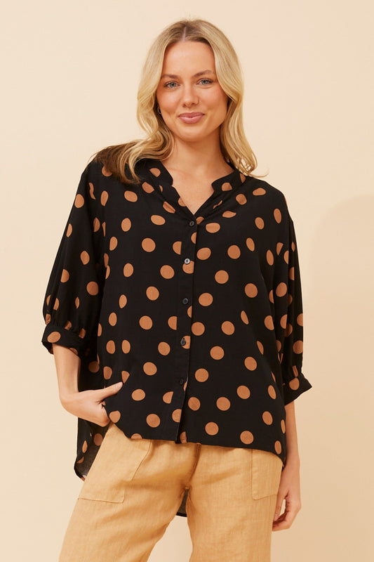 Image of Shirts. Product name - BELINA POLKA DOT PRINT SHIRT in Black colour by brand - Caroline Morgan Australia