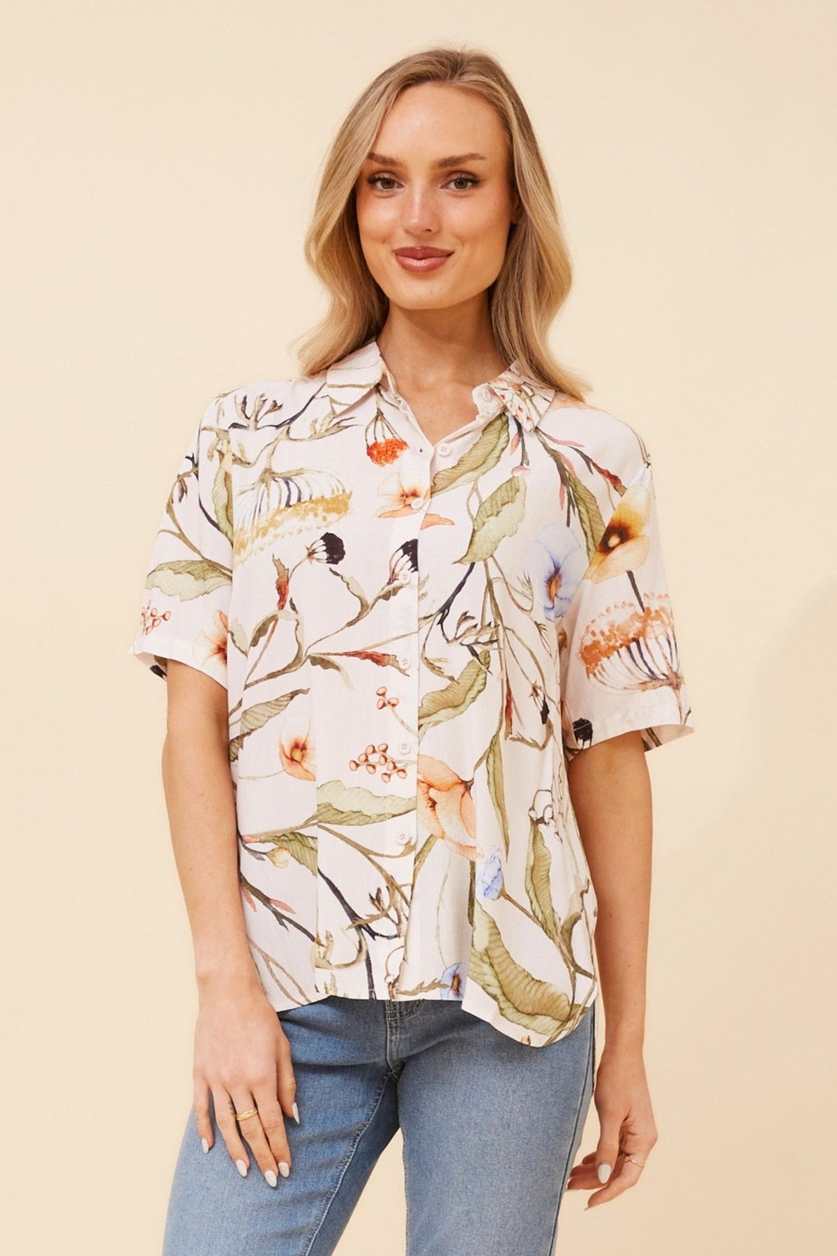 Image of Shirts. Product name - NURA FLORAL LINEN BLEND SHIRT in Porcelain colour by brand - Caroline Morgan Australia