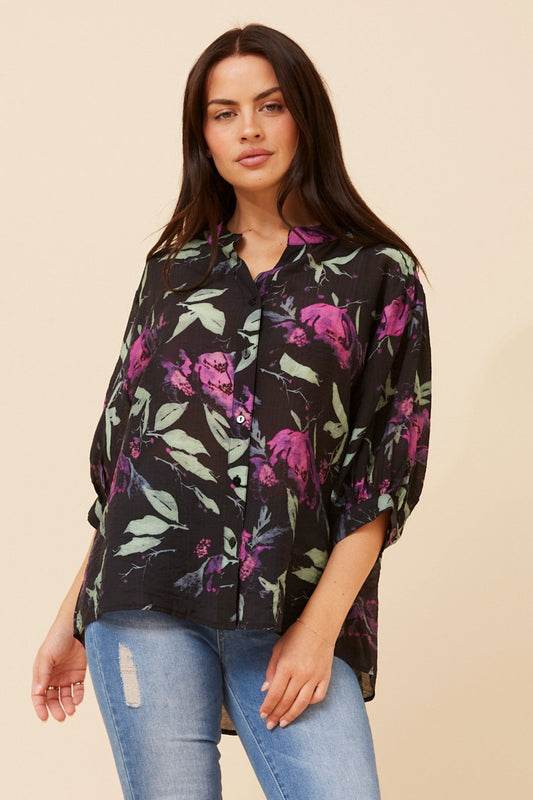 Image of Shirts. Product name - BELINA FLORAL SHIRT in Black colour by brand - Caroline Morgan Australia