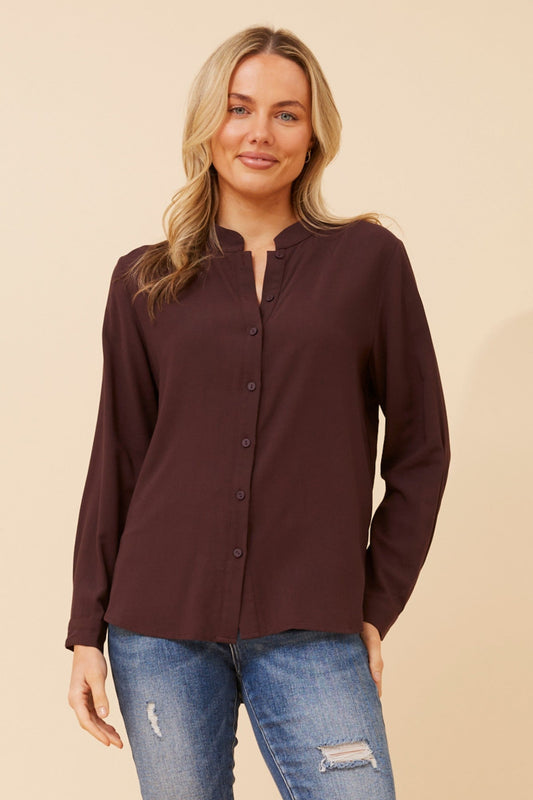 Image of Shirts. Product name - OTTILYN SOLID SHIRT in Chocolate colour by brand - Caroline Morgan Australia