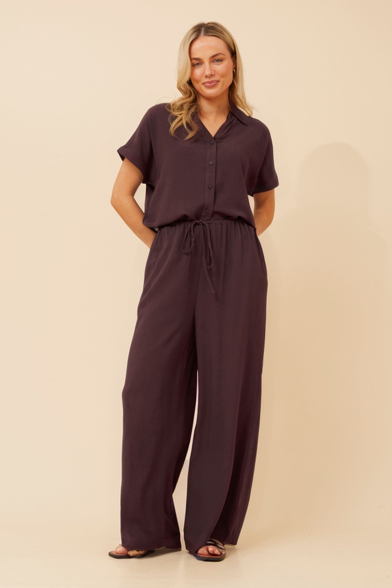 Image of Shirts. Product name - ADRIKA SOLID SHIRT in Chocolate colour by brand - Caroline Morgan Australia