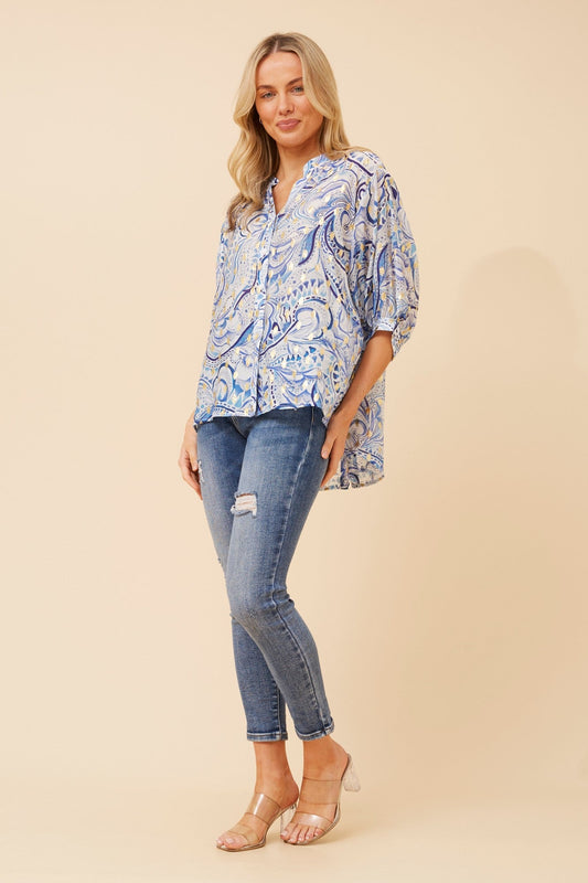 Image of Shirts. Product name - BELINA ABSTRACT PRINT SHIRT in Skylight colour by brand - Caroline Morgan Australia