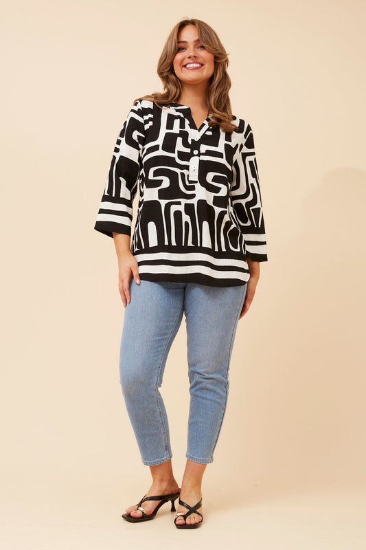 Image of Blouses. Product name - SHILPI ABSTRACT PRINT BLOUSE in Black And White colour by brand - Caroline Morgan Australia