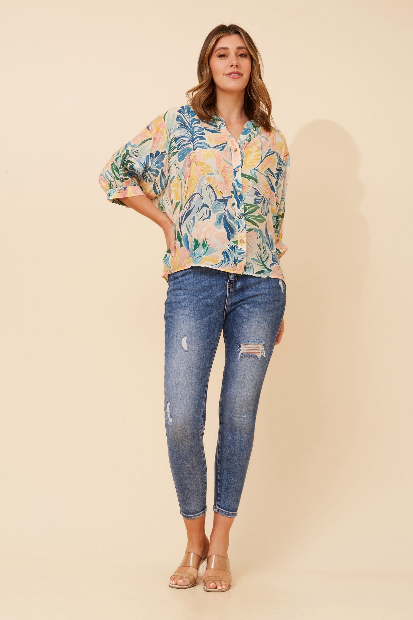Image of Shirts. Product name - BELINA FLORAL PRINT SHIRT in Multi Blue colour by brand - Caroline Morgan Australia
