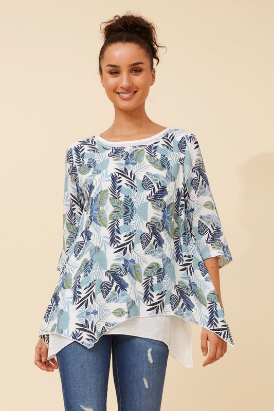 Image of a model wearing Tops. Product name - BENI LEAF PRINT TOP in Blue colour by brand - Caroline Morgan Australia