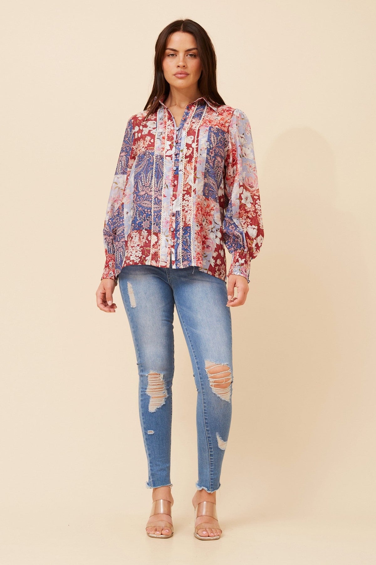Image of Shirts. Product name - ELKE PATCHWORK PRINT SHIRT in Multi Red colour by brand - Caroline Morgan Australia