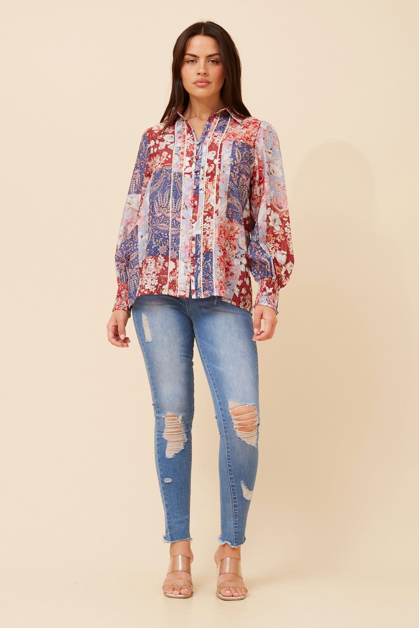 Image of Shirts. Product name - ELKE PATCHWORK PRINT SHIRT in Multi Red colour by brand - Caroline Morgan Australia
