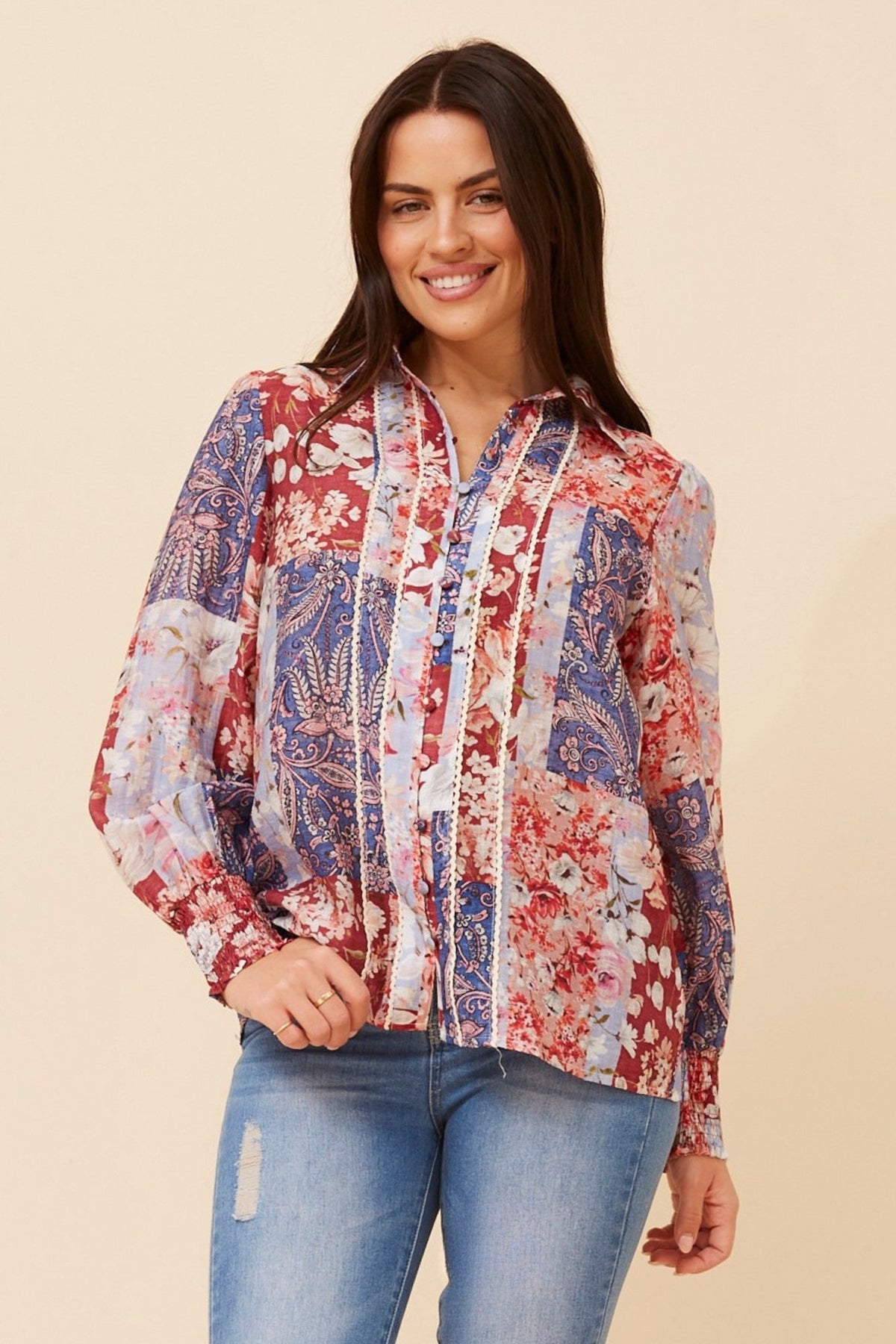 ELKE PATCHWORK PRINT SHIRT (Multi Red)