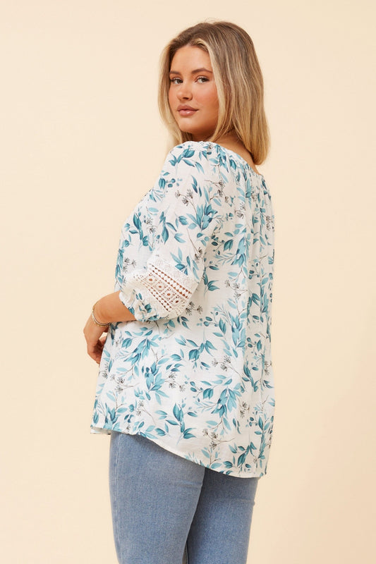ANDREA LEAF PRINT TOP (Teal)