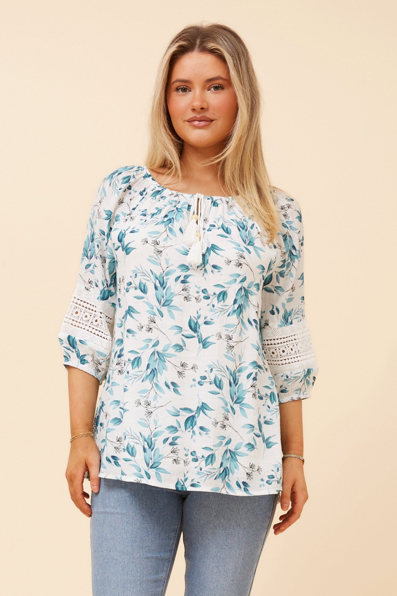 ANDREA LEAF PRINT TOP (Teal)