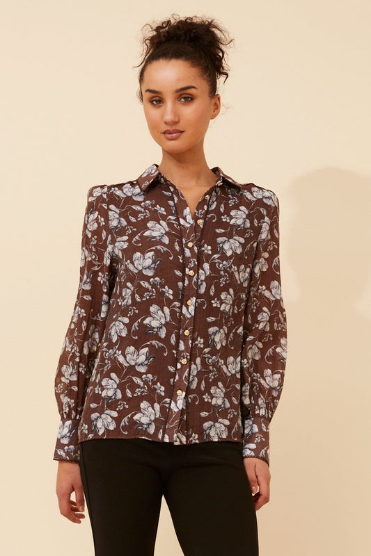 Image of Shirts. Product name - ASILIA FLORAL SHIRT in Chocolate colour by brand - Caroline Morgan Australia