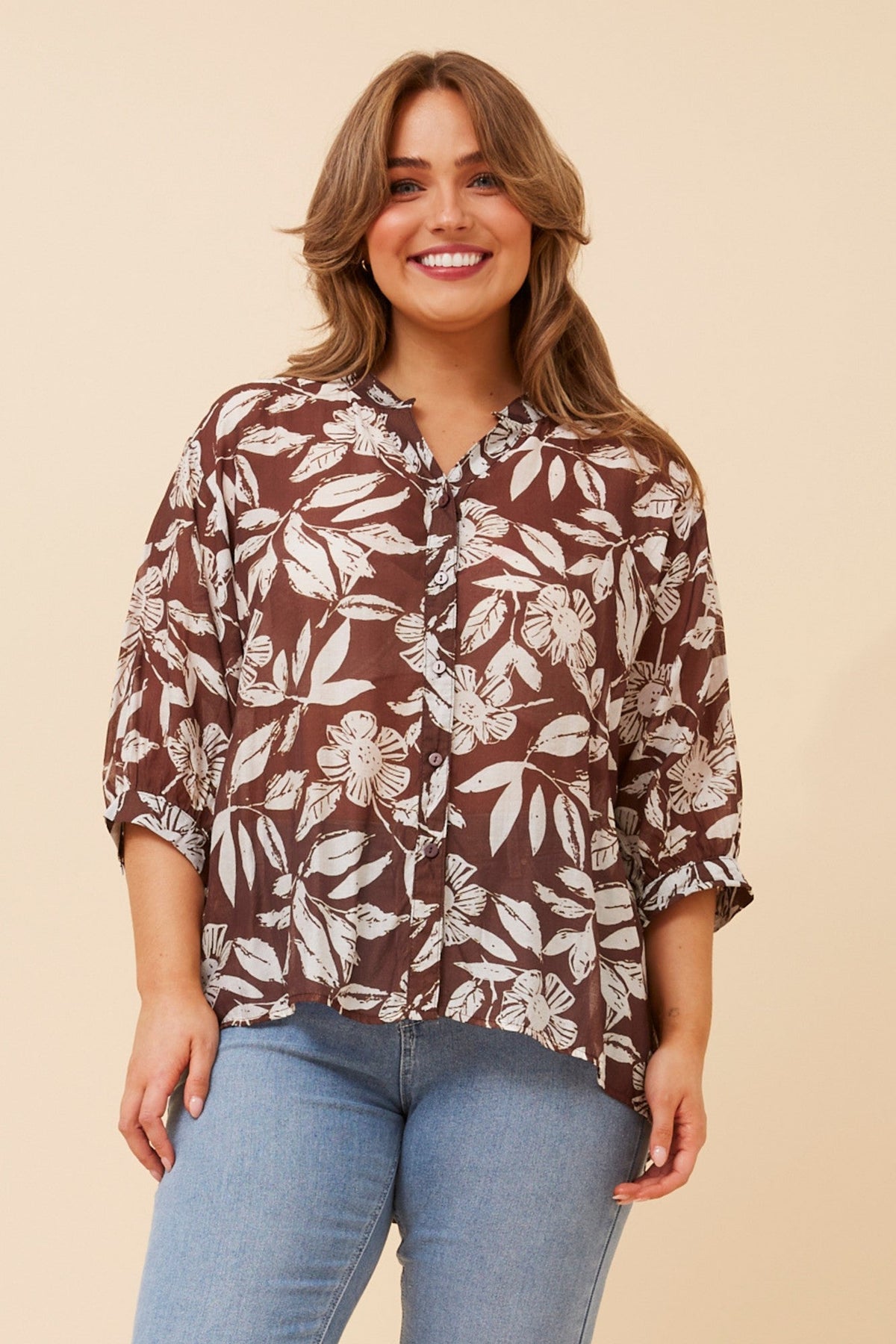 BELINA LEAF PRINT SHIRT (Chocolate)