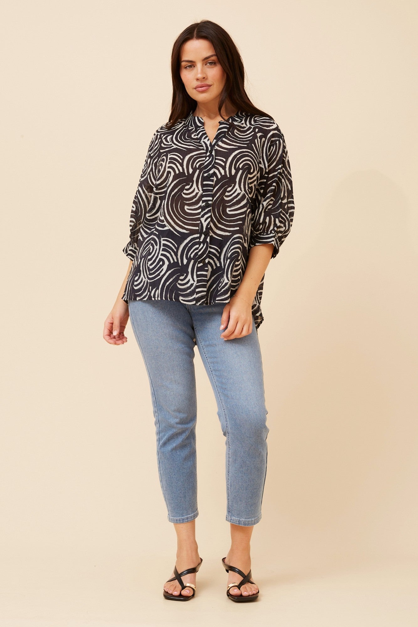 Image of Shirts. Product name - BELINA ABSTRACT PRINT SHIRT in Black colour by brand - Caroline Morgan Australia