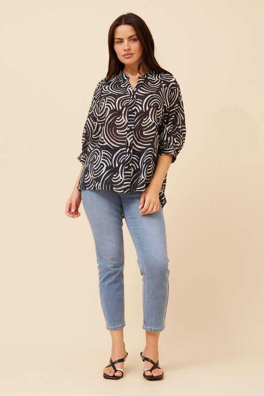 Image of Shirts. Product name - BELINA ABSTRACT PRINT SHIRT in Black colour by brand - Caroline Morgan Australia