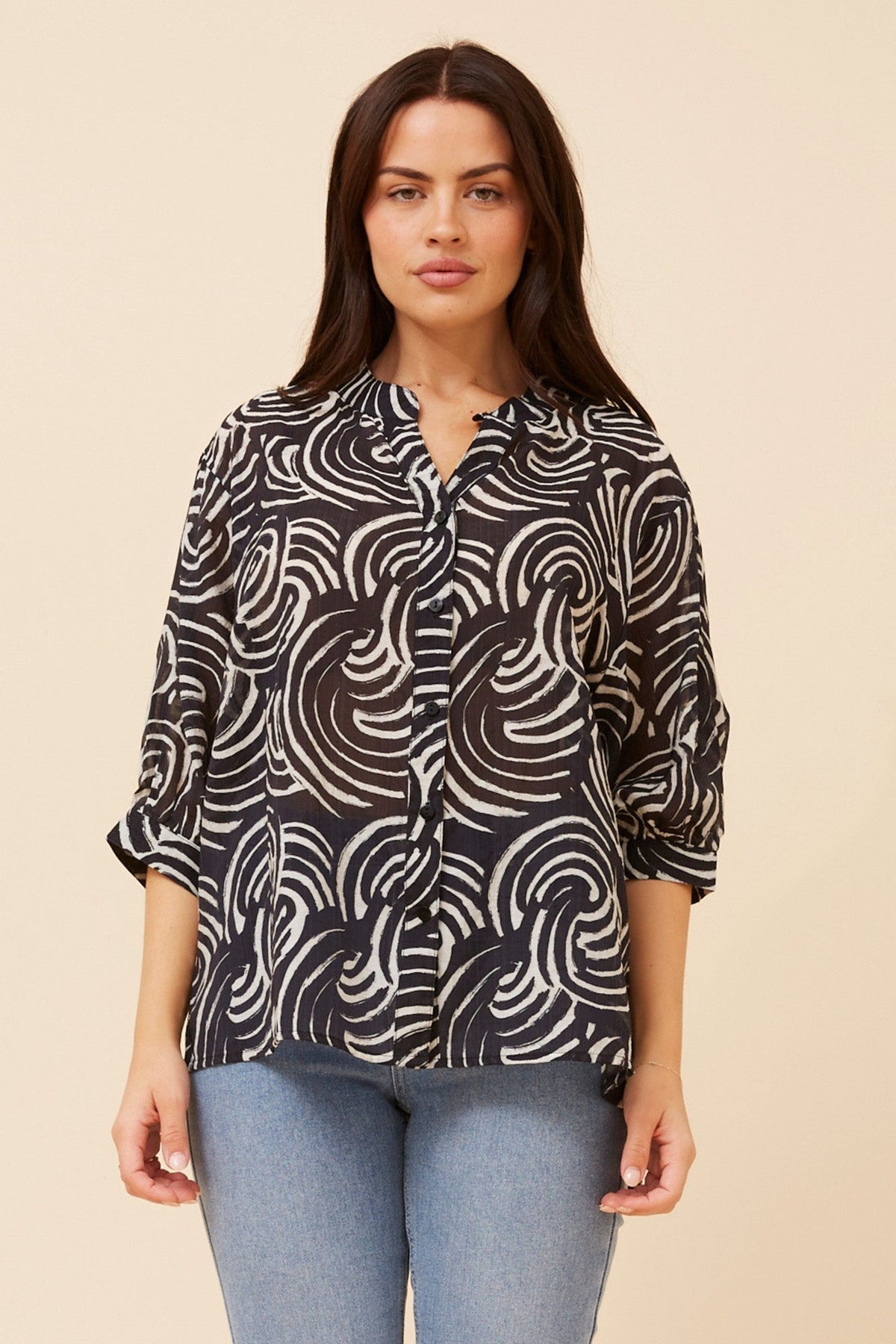 BELINA ABSTRACT PRINT SHIRT (Black)