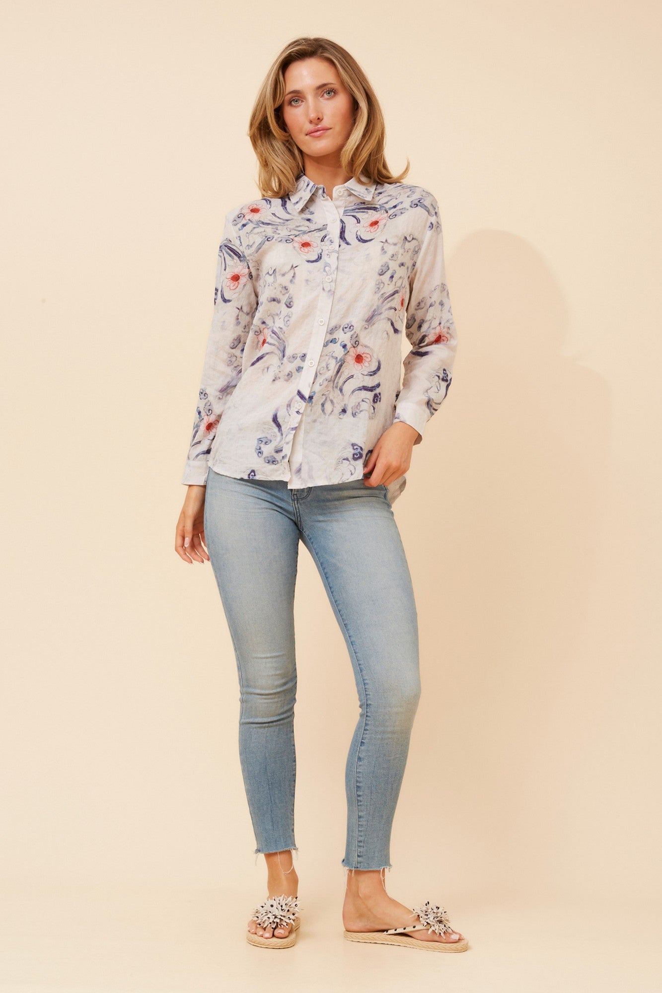 Image of Shirts. Product name - LIANI FLORAL SHIRT in Multi Blue colour by brand - Caroline Morgan Australia