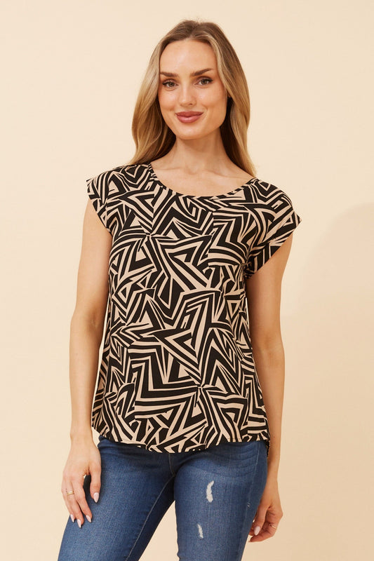 Image of a model wearing Tops. Product name - SHELLY ABSTRACT PRINT TOP in Beige colour by brand - Caroline Morgan Australia