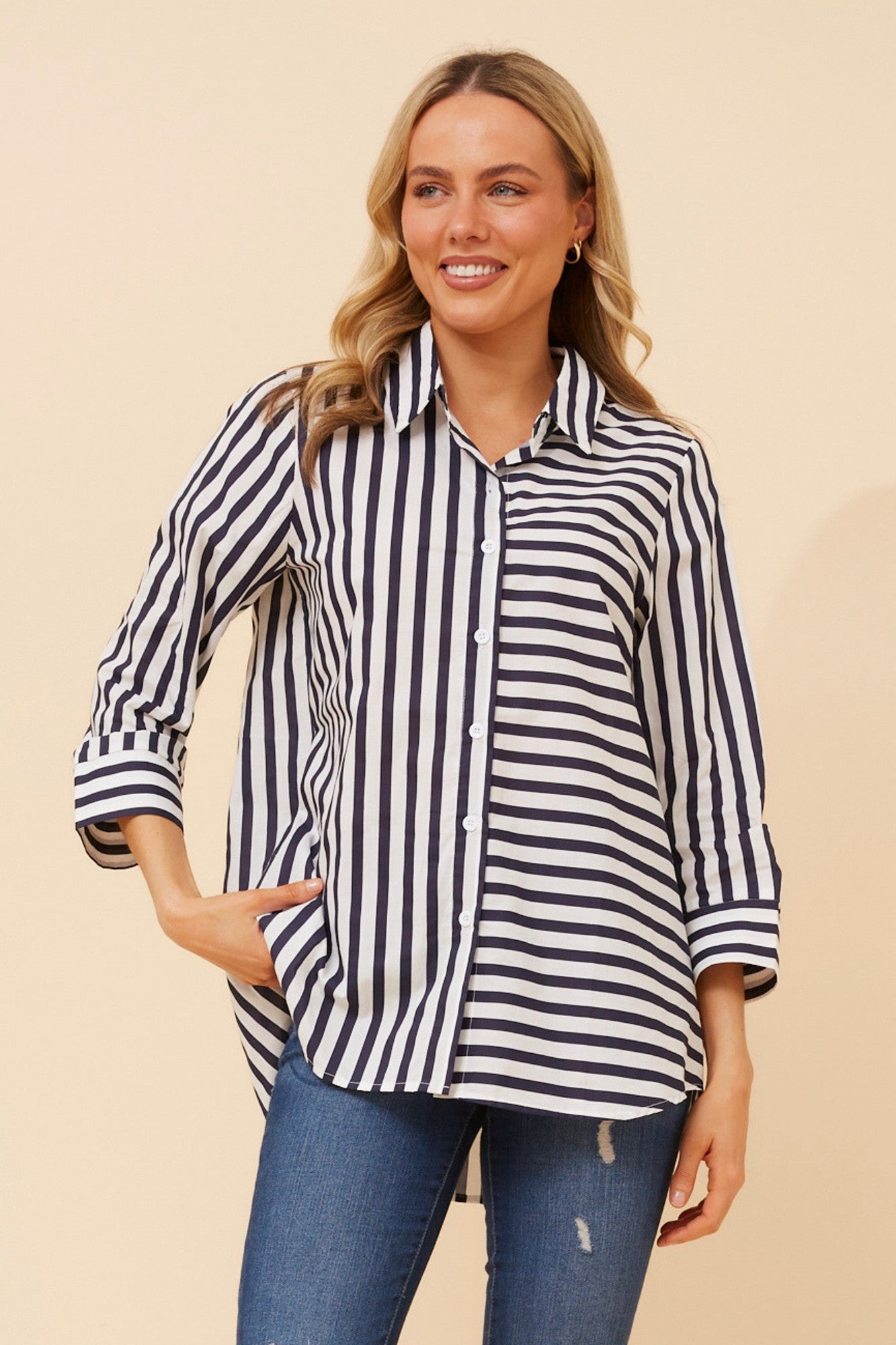 ZENYA STRIPE PRINT SHIRT (Navy)