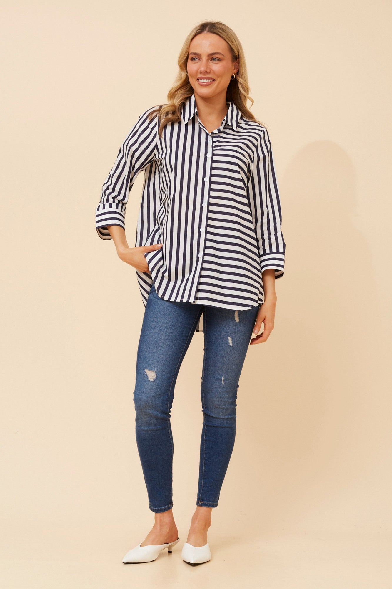 ZENYA STRIPE PRINT SHIRT (Navy)